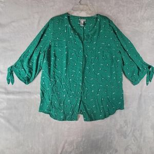 Catherines Tunic Top Womens 1X Unique Print Green With Umbrellas